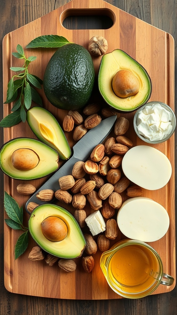 A variety of healthy fats including avocados, nuts, and olive oil displayed on a wooden cutting board.