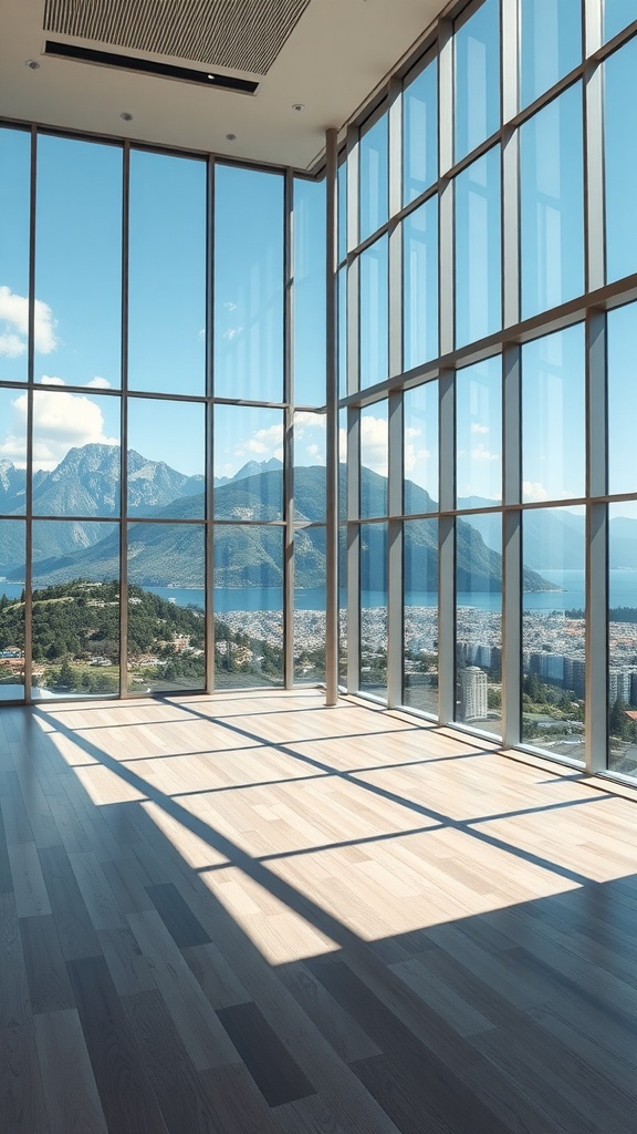 Spacious room with large windows showcasing a mountain view and natural light.