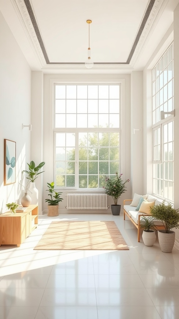 A bright and airy room with large windows, light-colored walls, and plants.