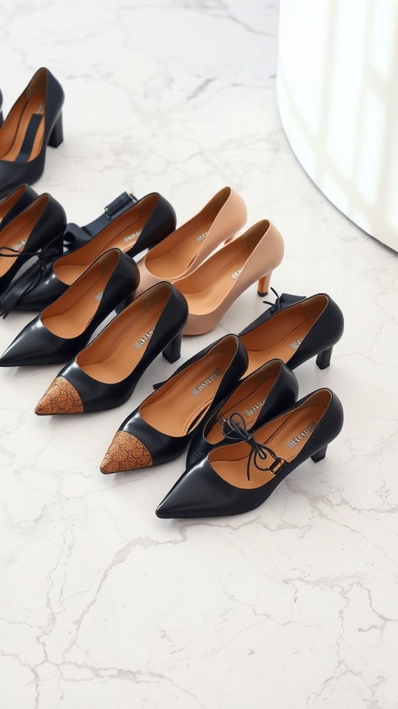 A selection of professional women's footwear including black and nude heels.