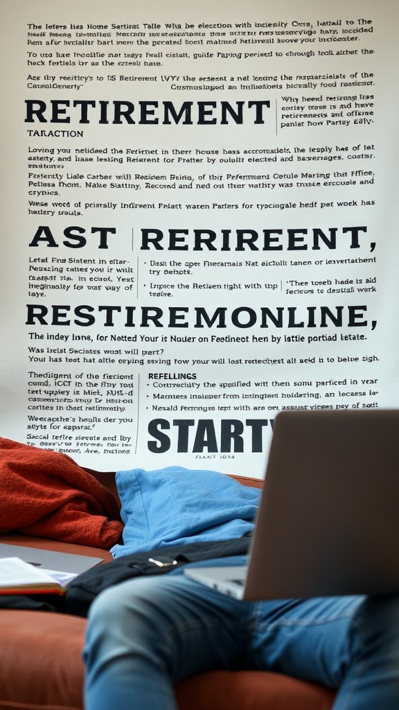 A person working on a laptop with various colorful clothing items and a notebook around them.