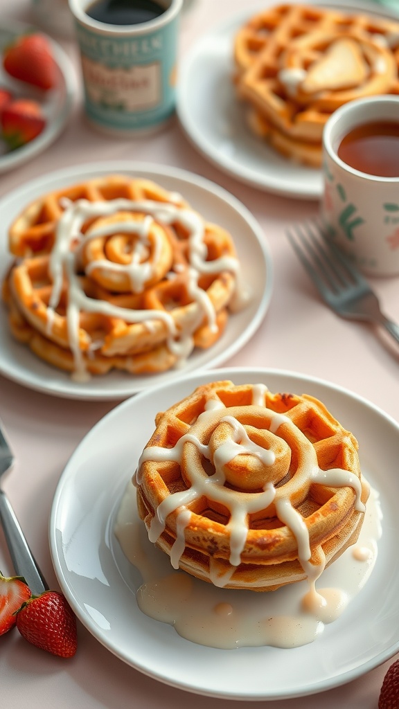 Delicious cinnamon roll waffles drizzled with icing on a plate, surrounded by strawberries and coffee.