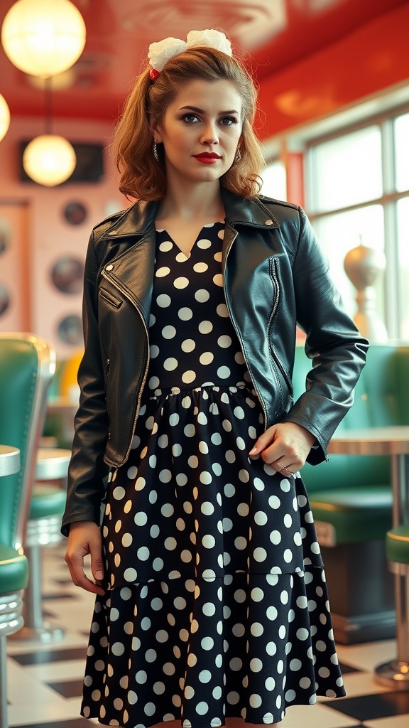 A woman in a polka dot dress and leather jacket, embodying classic 1950s rockabilly style.