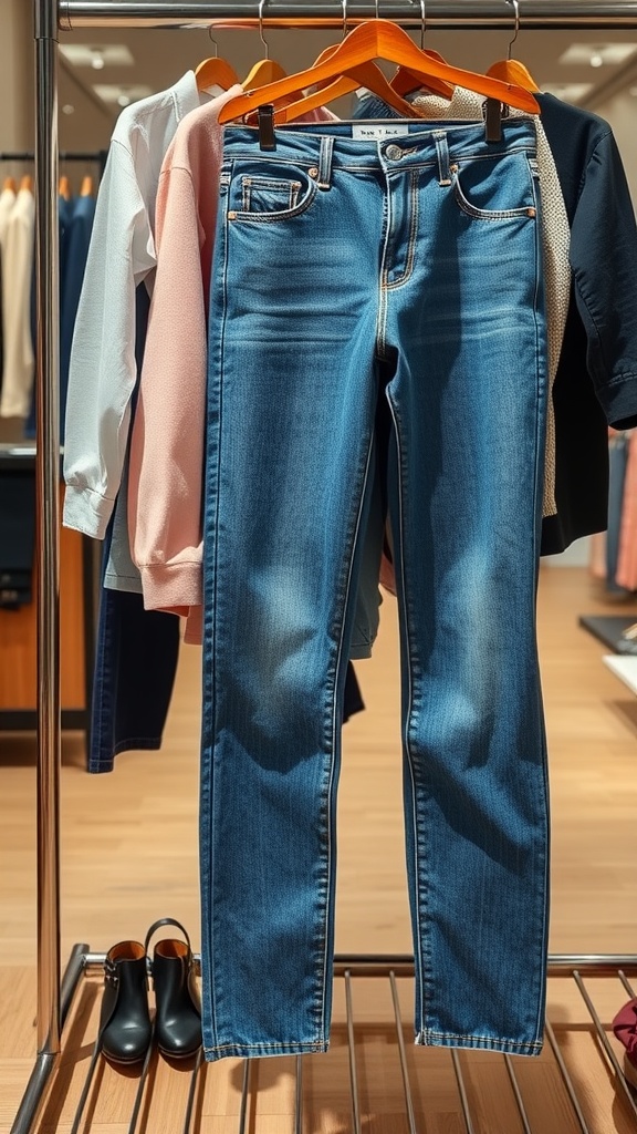 A pair of classic blue denim jeans hanging on a rack with other clothing items in a store.