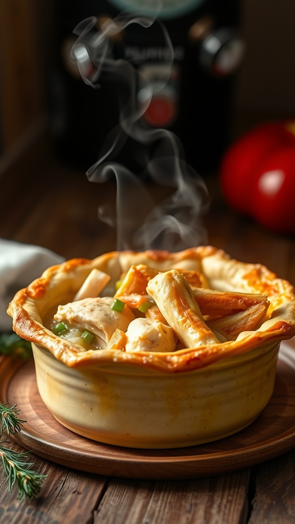 A steaming chicken pot pie with a golden crust filled with vegetables and chicken.