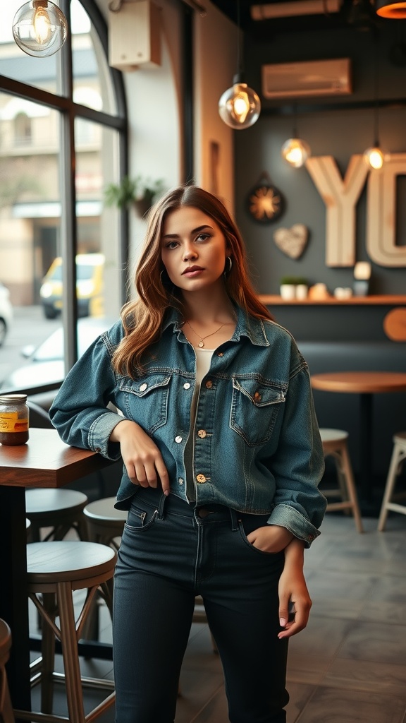 A young woman wearing a denim jacket with fitted jeans, standing in a cozy café.