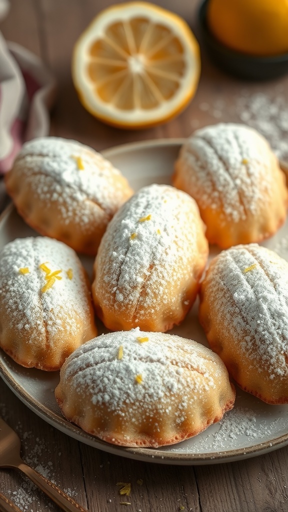 Plate of classic French madeleines dusted with powdered sugar and garnished with lemon zest.