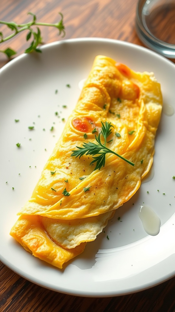A classic French omelette on a white plate, garnished with herbs