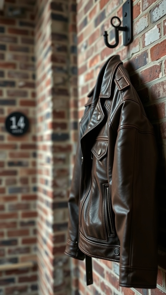 A classic brown leather jacket hanging on a hook against a brick wall.