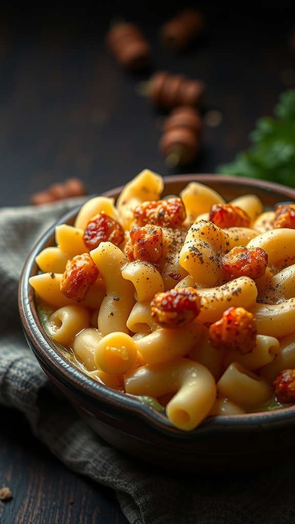 A bowl of creamy macaroni and cheese with garnished toppings.