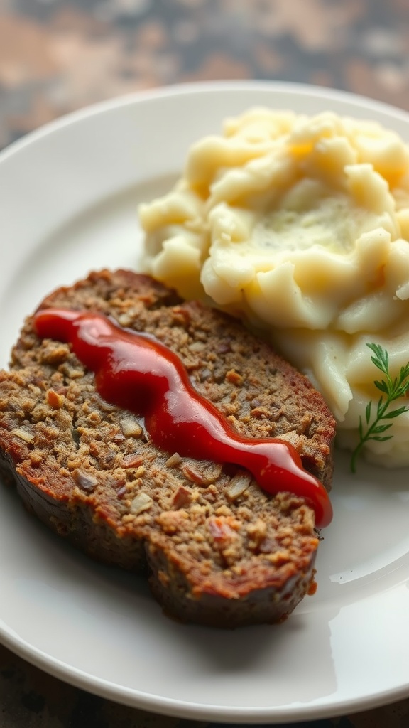 A plate of classic meatloaf with mashed potatoes and ketchup.
