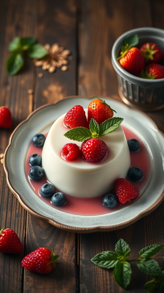 A beautifully presented vanilla bean panna cotta topped with strawberries and blueberries on a wooden table.