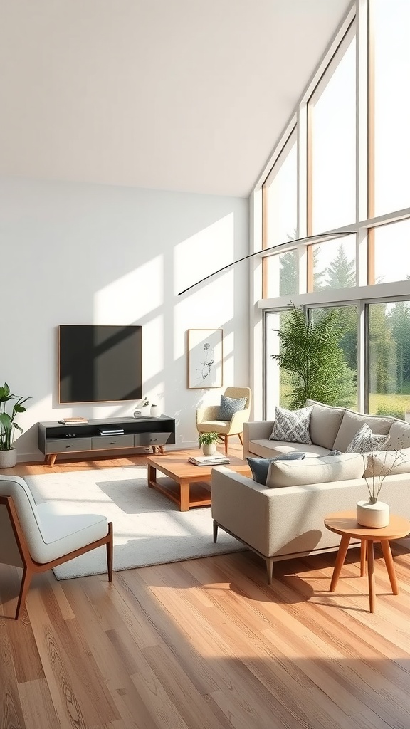A spacious and bright living room with minimalist furniture and large windows