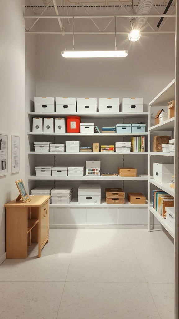 A neatly organized shelf with labeled boxes and decorative items.