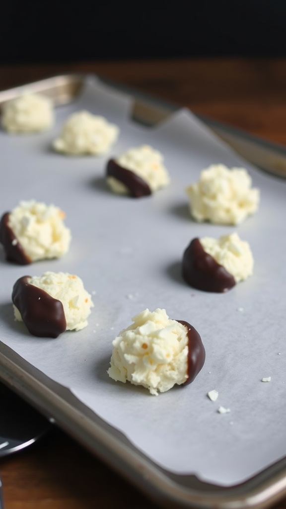 Coconut macaroons on a baking sheet with dark chocolate drizzle