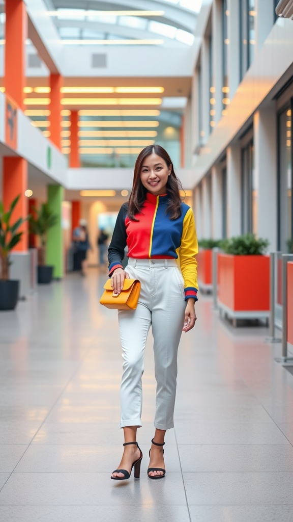 A woman wearing a color blocked outfit with a bright jacket, white pants, and heels, smiling in a modern indoor space.