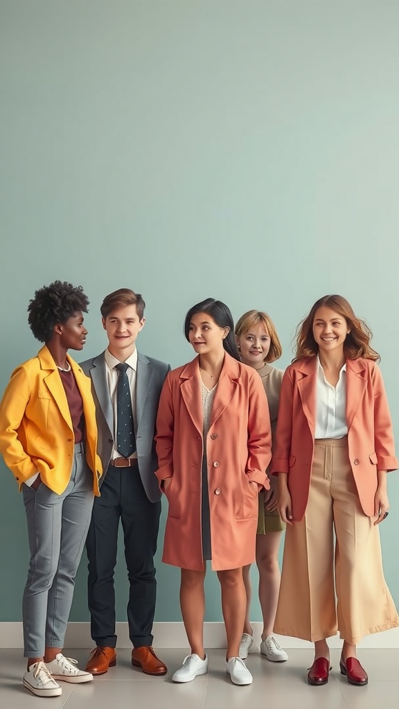 A group of five people wearing stylish work outfits in various colors.