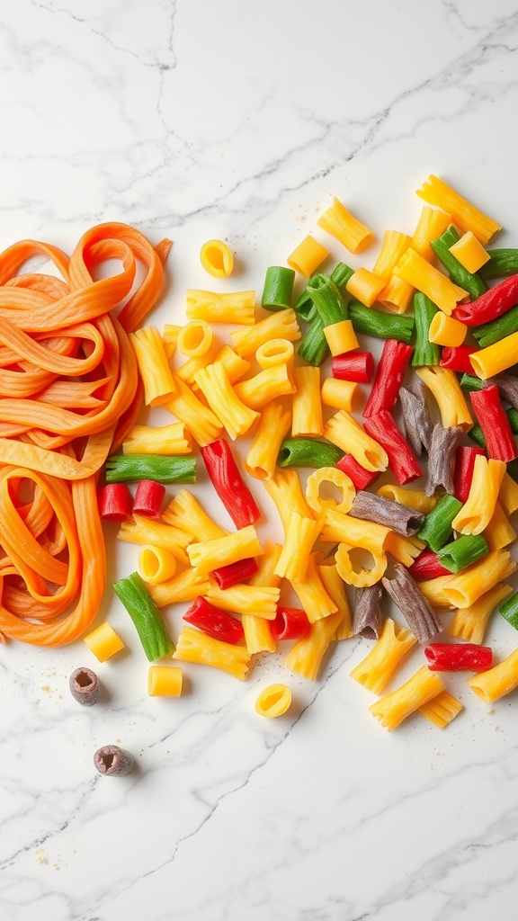 A variety of colorful pasta shapes in red, green, orange, yellow, and brown on a marble surface.