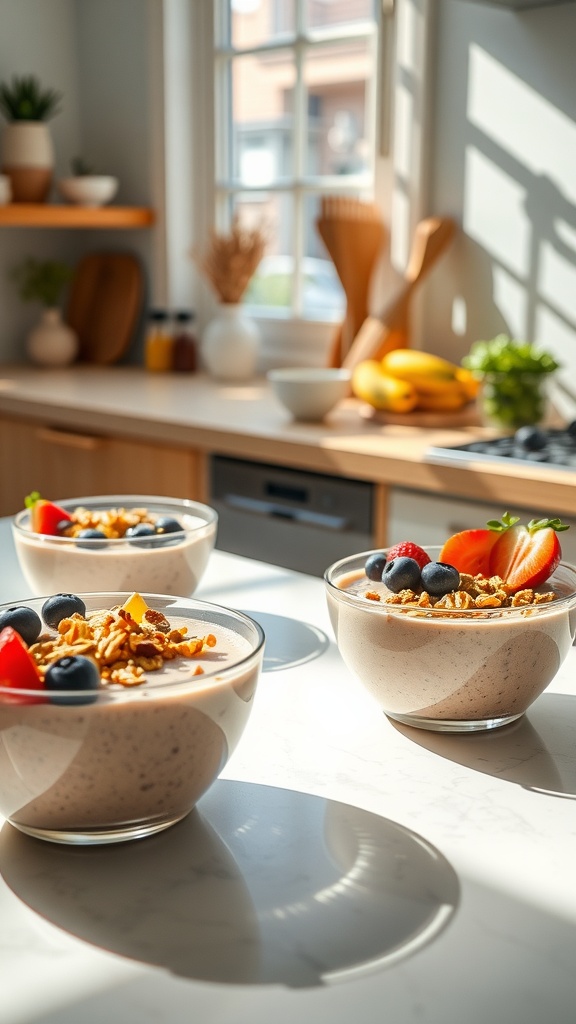 A bright kitchen with three colorful smoothie bowls topped with fruit and granola.