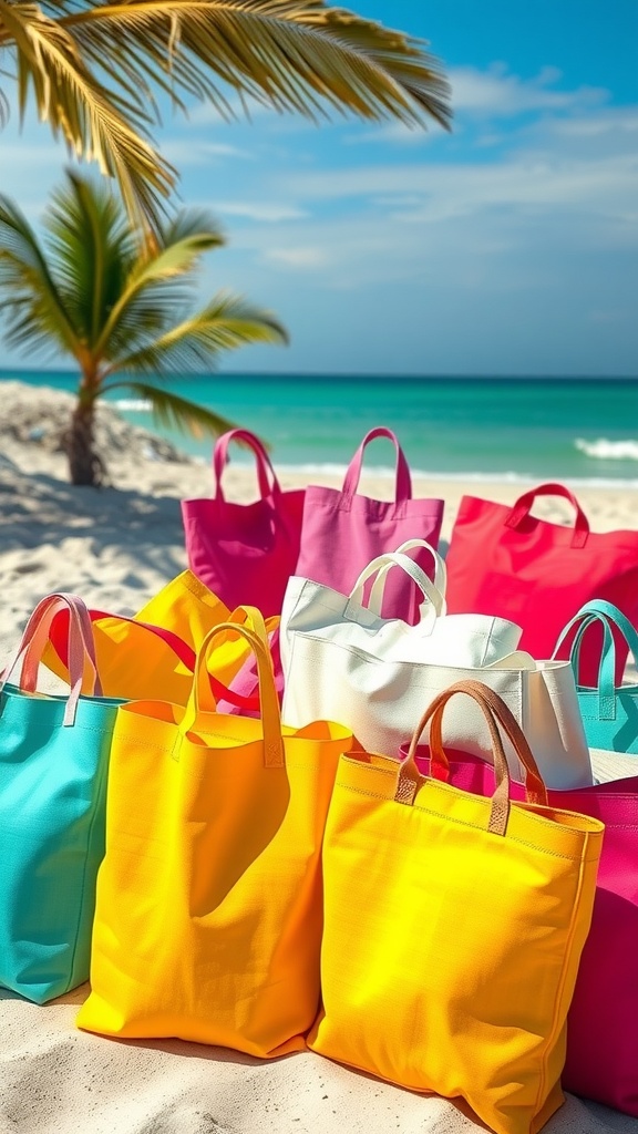 A collection of colorful tote bags on a beach with palm trees in the background.