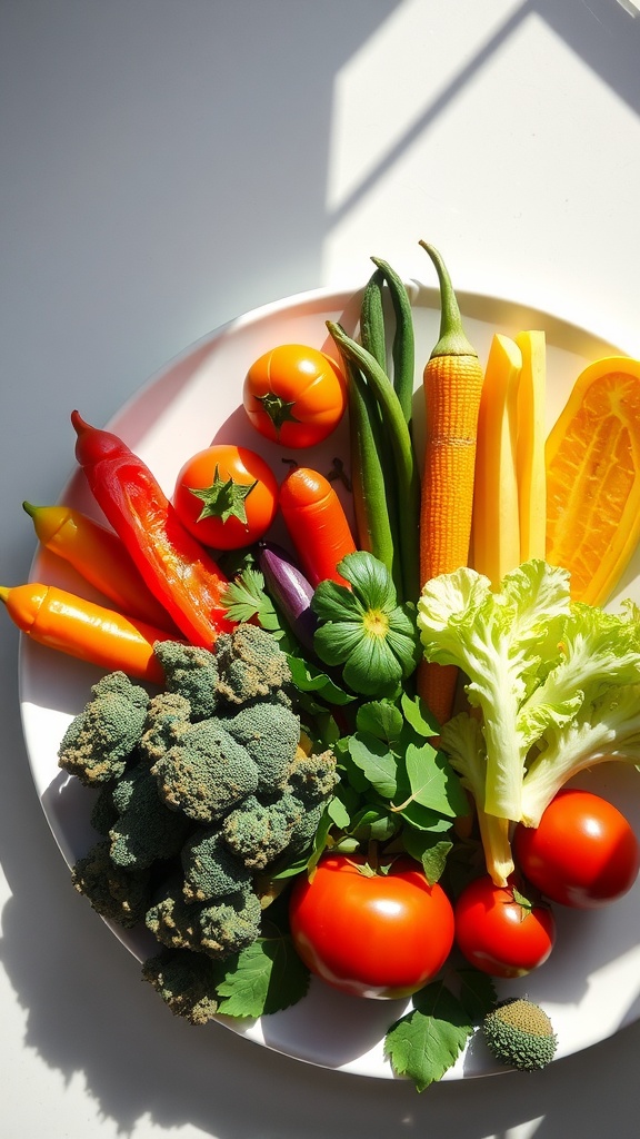 A colorful arrangement of various vegetables on a plate, featuring tomatoes, peppers, broccoli, and more.