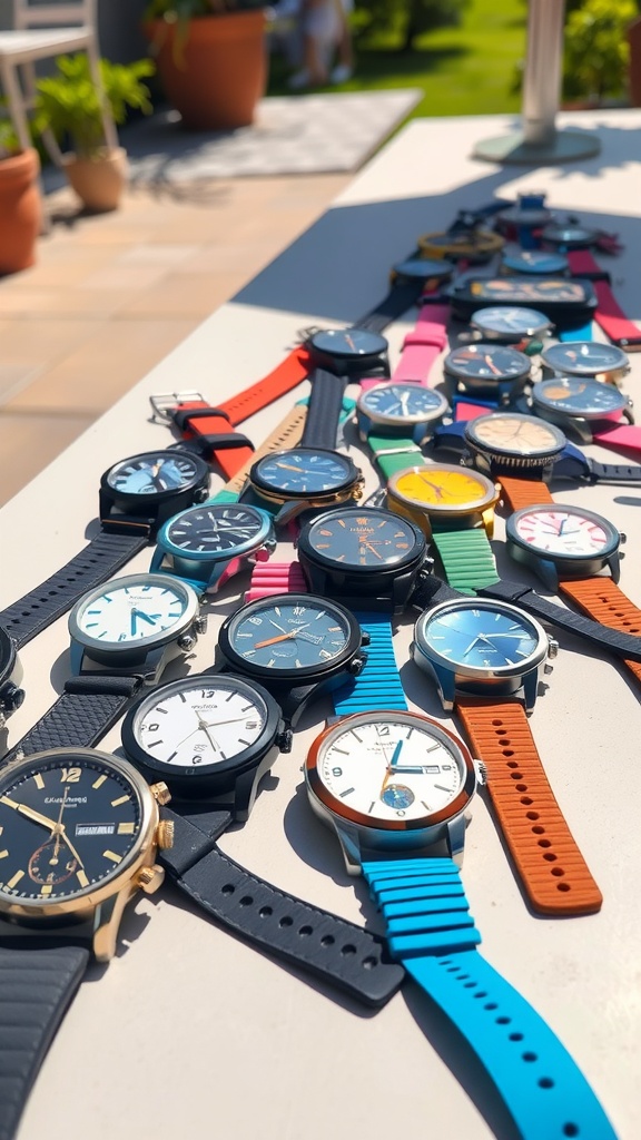 A variety of colorful wrist watches displayed on a table