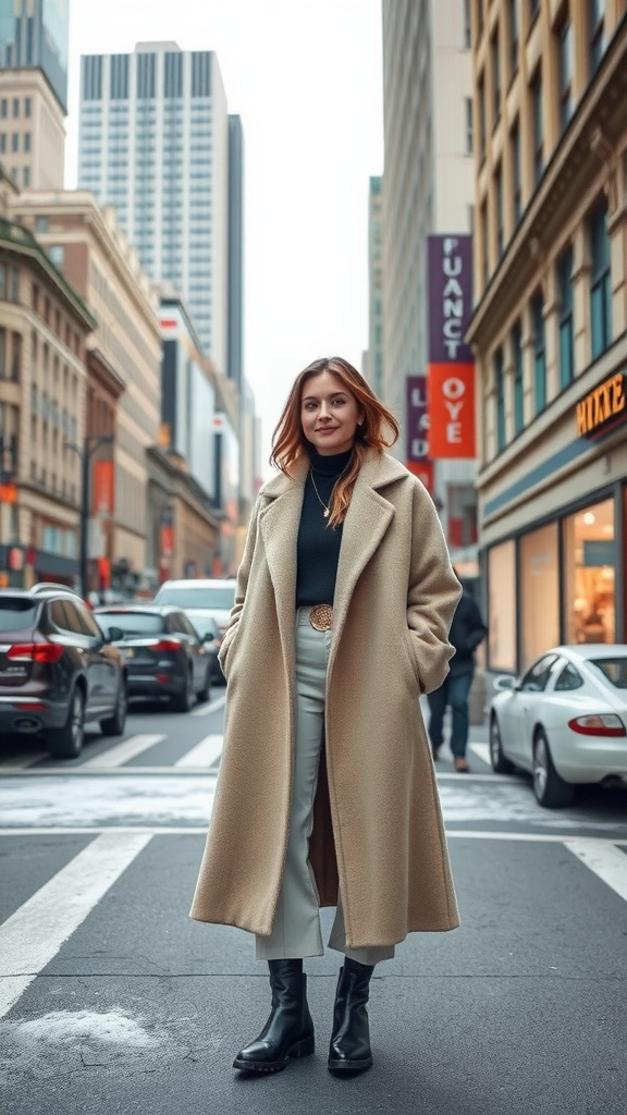 A stylish woman wearing an oversized coat, standing confidently in a city street.
