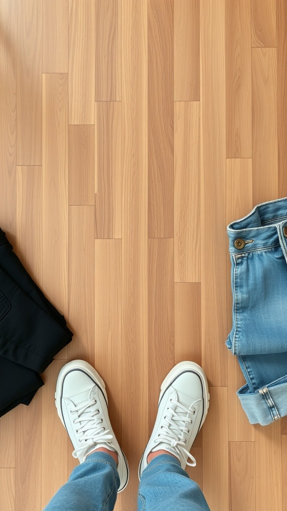 A pair of comfy white sneakers on a wooden floor surrounded by folded clothes.