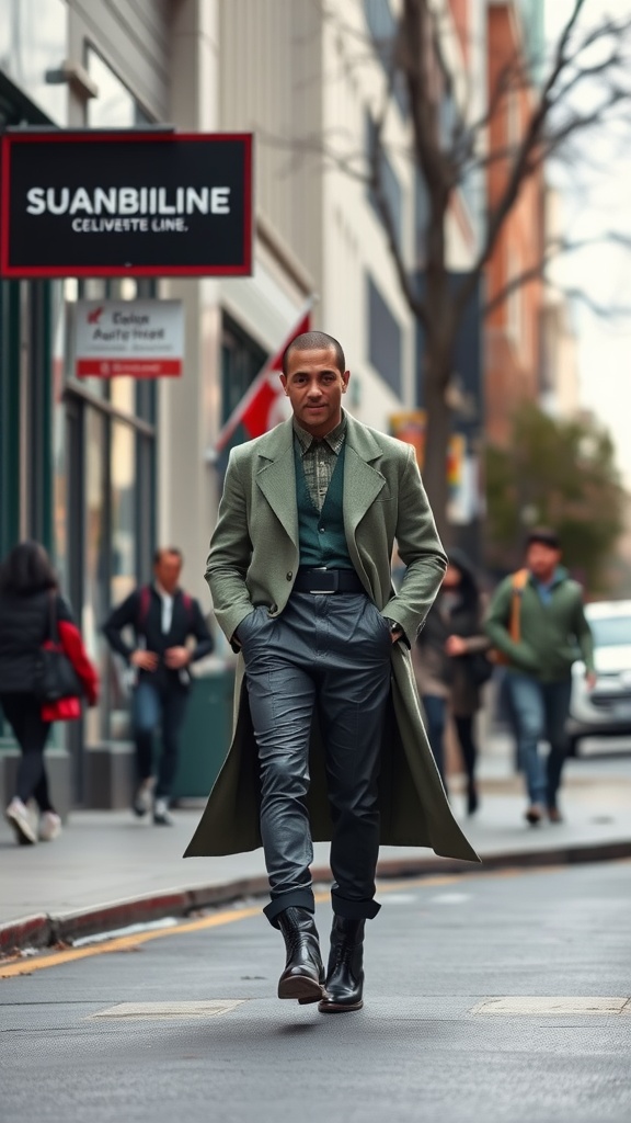 A stylish individual walking confidently down a city street, showcasing personal style.