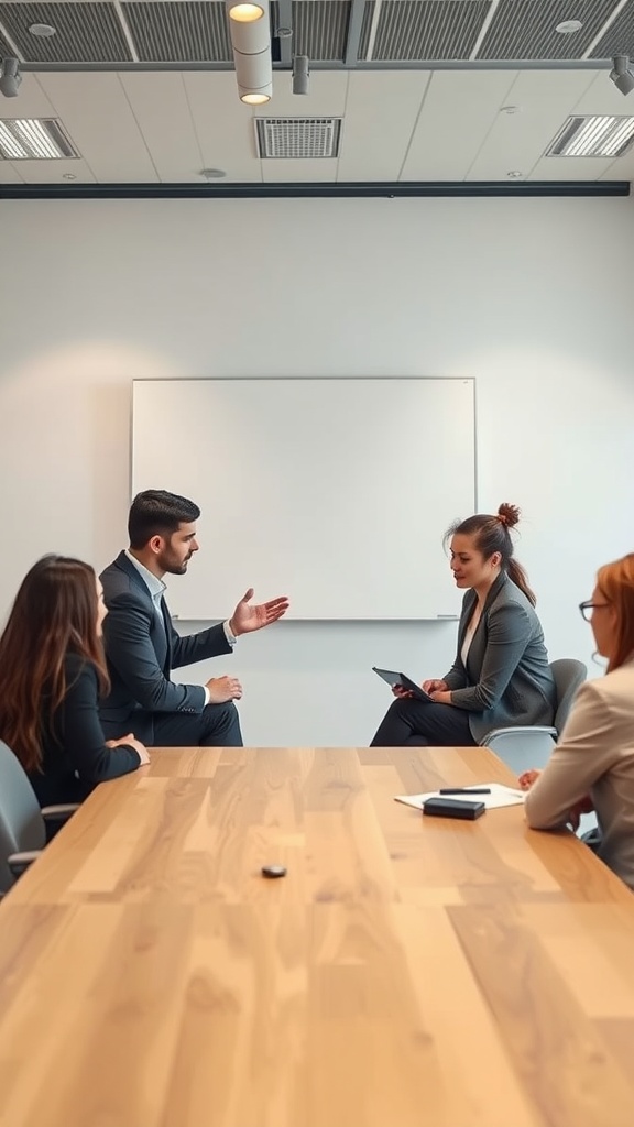 A business meeting focusing on conflict resolution