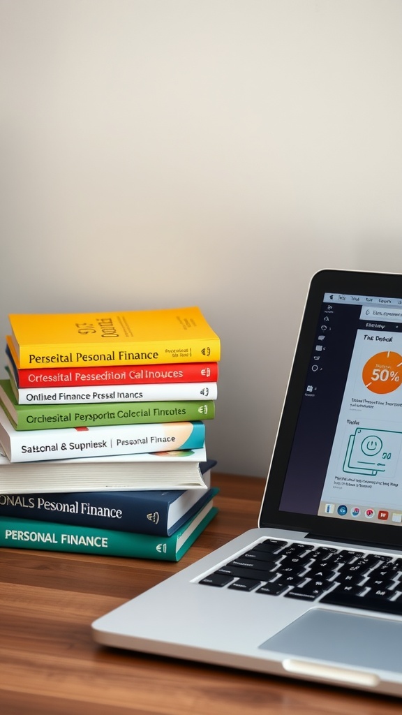 A stack of personal finance books next to a laptop displaying financial information.