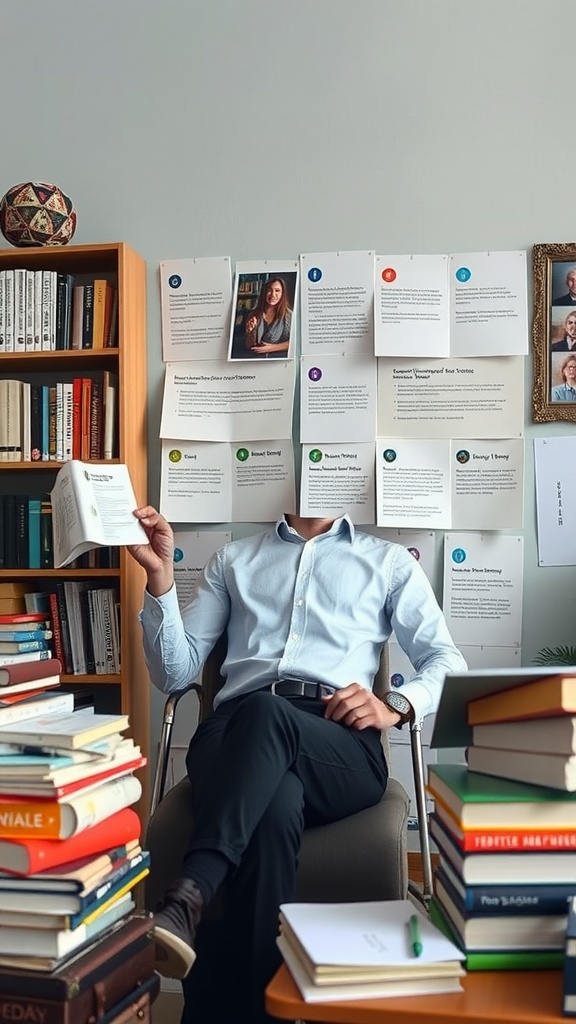 A person reading a book in an office surrounded by stacks of books and notes on the wall.