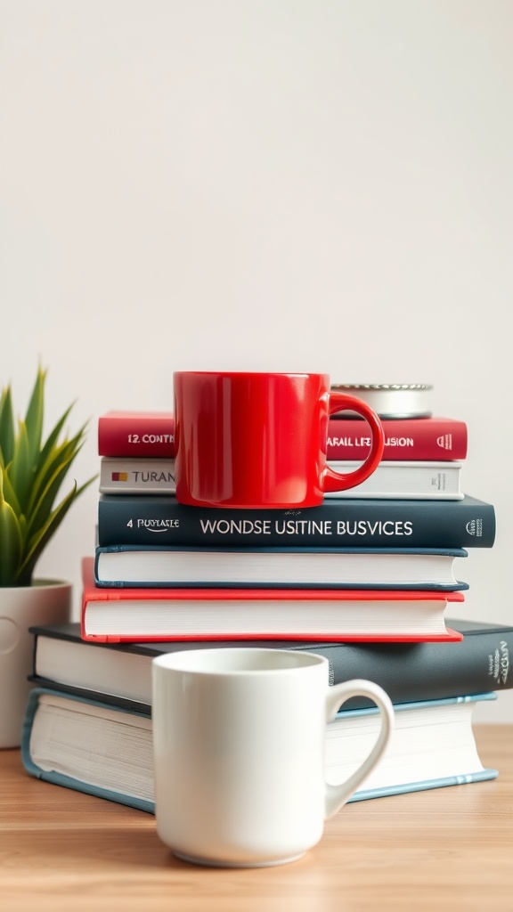 A collection of books with coffee mugs on top of them, symbolizing continuous learning.