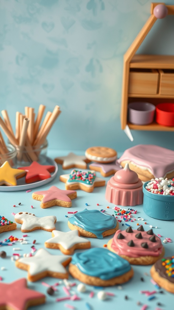 A vibrant cookie decorating station with colorful cookies, icing, and sprinkles.