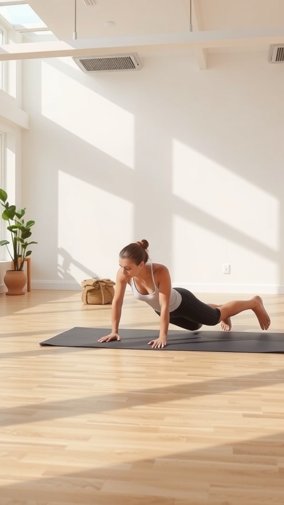 A person engaging in a bodyweight exercise routine on a yoga mat in a bright room.