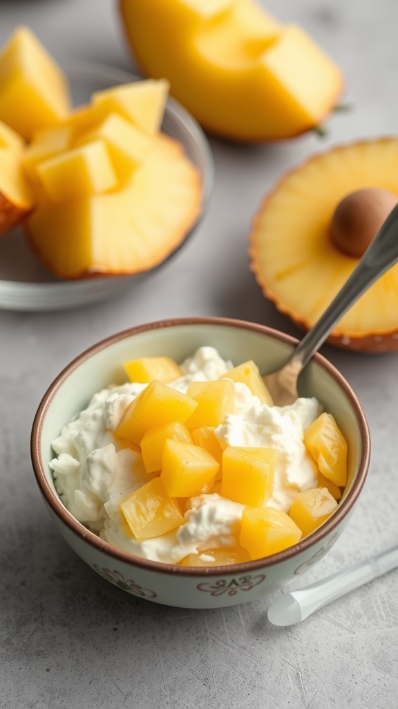 Bowl of cottage cheese topped with pineapple chunks, with pineapple slices in the background.