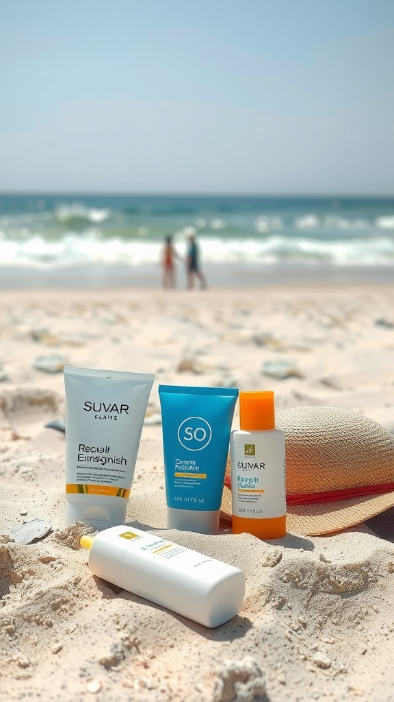 Sunscreen and skincare products on a sandy beach with people in the background.
