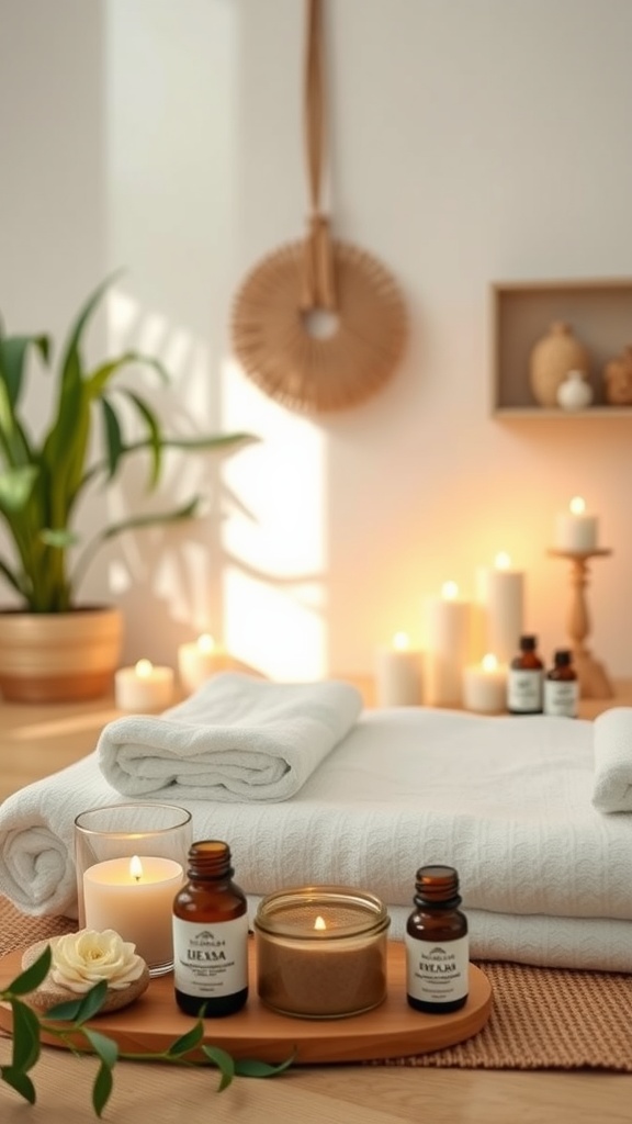 A serene spa setup with towels, candles, and essential oils, perfect for a relaxing couples' spa day.