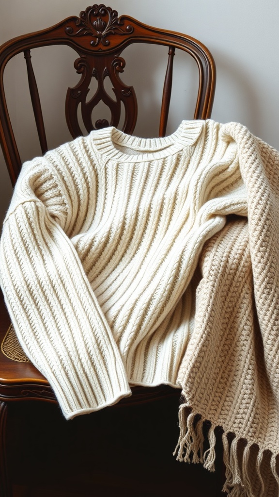 A cozy knit sweater draped over a chair with a blanket.