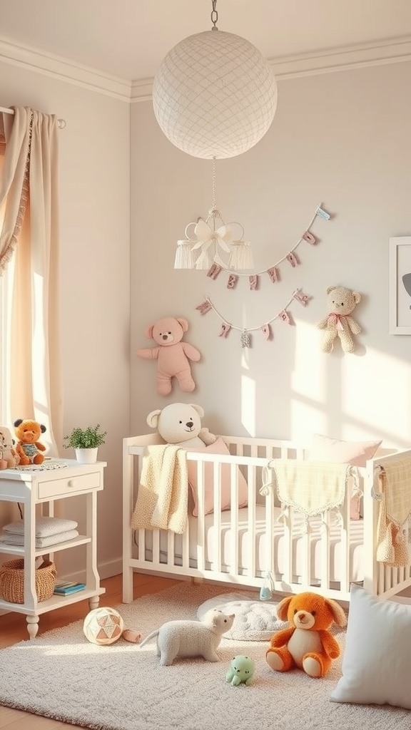 A cozy nursery with a crib, soft toys, and warm lighting