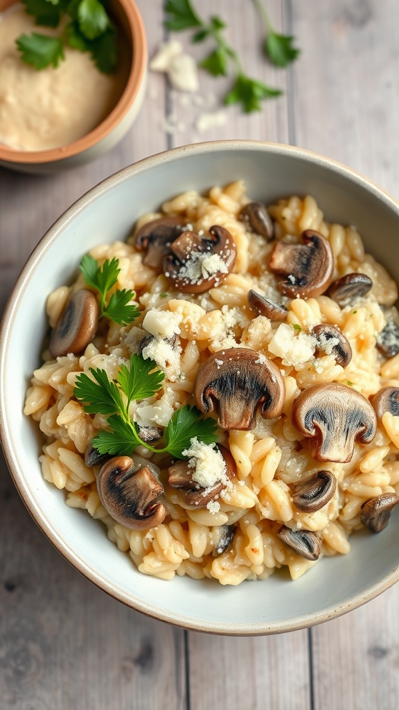 A bowl of creamy mushroom risotto topped with fresh parsley and cheese.