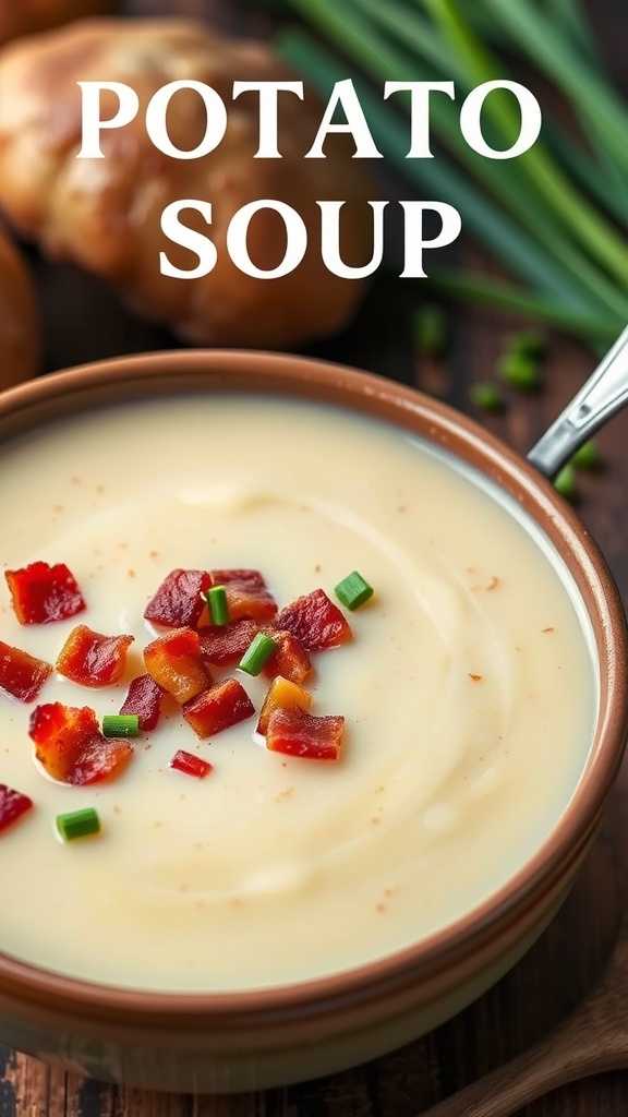 A bowl of creamy potato soup topped with bacon and green onions