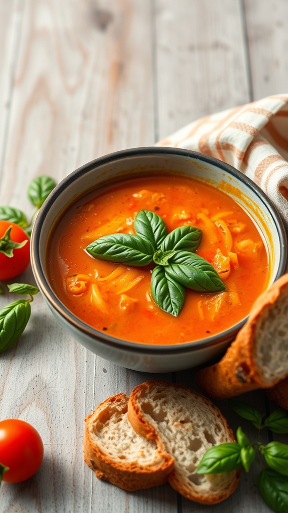 A bowl of creamy tomato basil soup garnished with basil leaves, accompanied by slices of bread and fresh tomatoes.