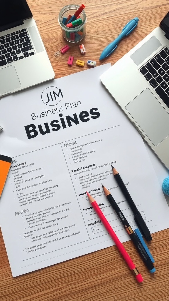 A business plan document on a desk with colorful pens and laptops.