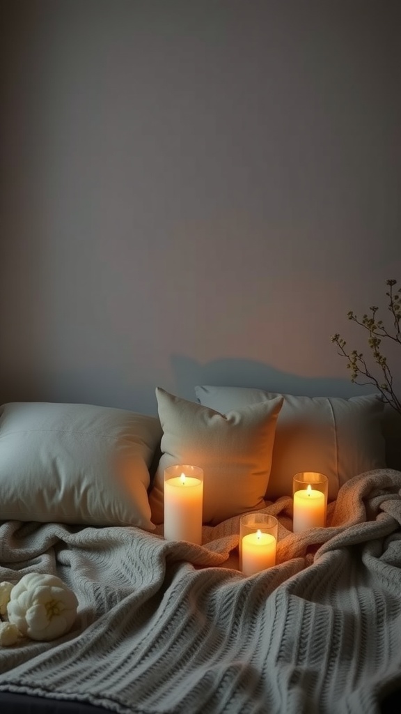 A cozy bed with pillows, warm candles, and a soft blanket for nighttime relaxation.