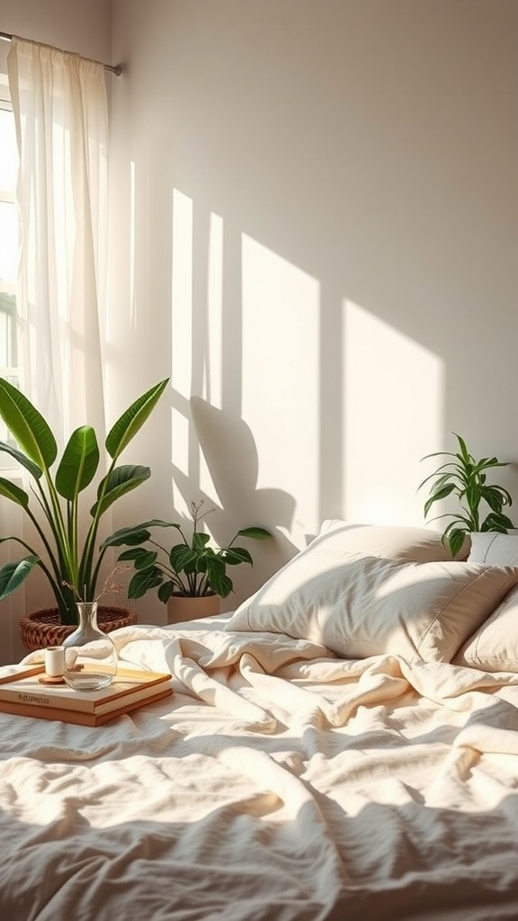 A serene bedroom with soft bedding, plants, and natural light.