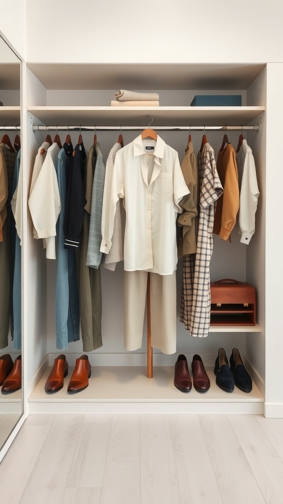 A neatly organized capsule wardrobe with various attire options and shoes.