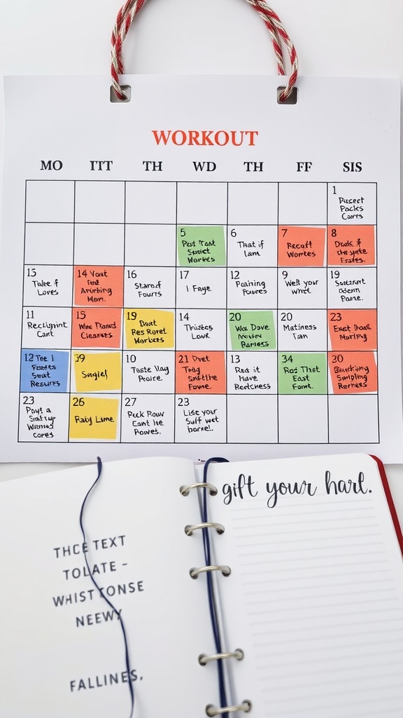 A colorful workout calendar with a notebook beside it, showcasing a flexible workout schedule.