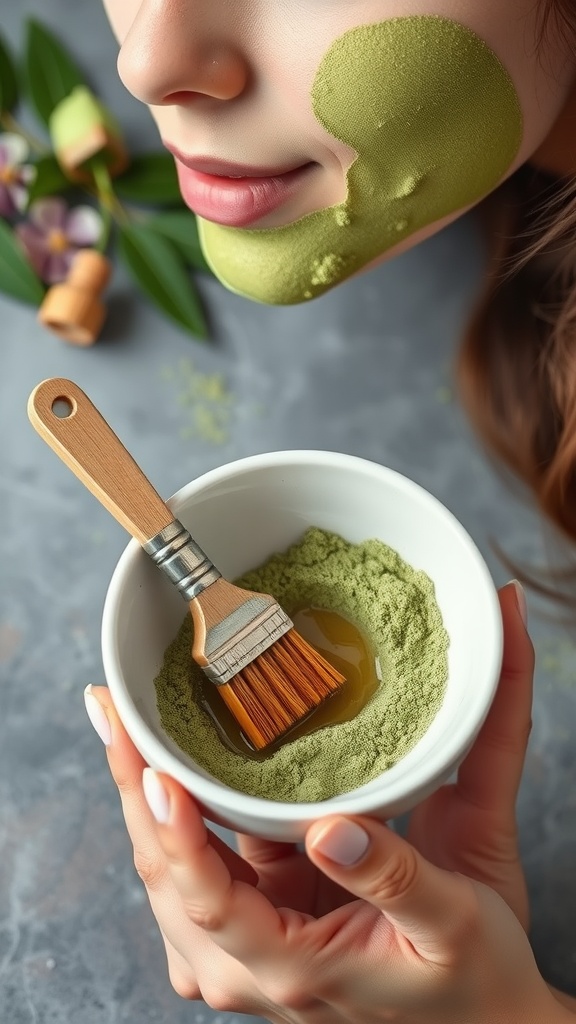 A person applying a green tea face mask, holding a bowl of matcha powder and olive oil with a brush.