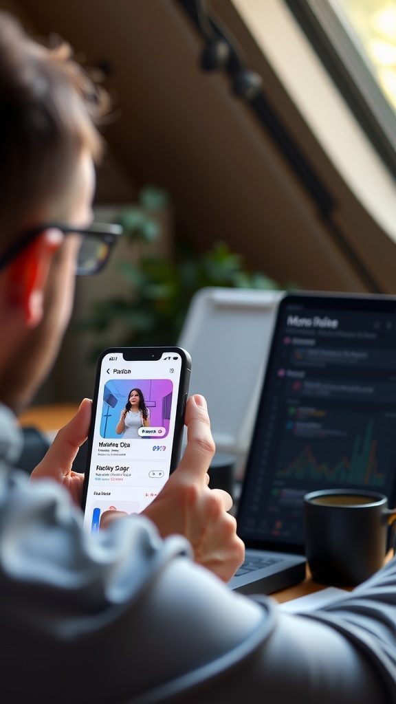 A person using a smartphone to explore a mobile app, with a laptop and coffee cup in the background.
